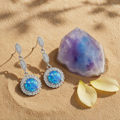 Blue Opal & Cubic Zirconia Silver-Plated Halo Drop Earrings