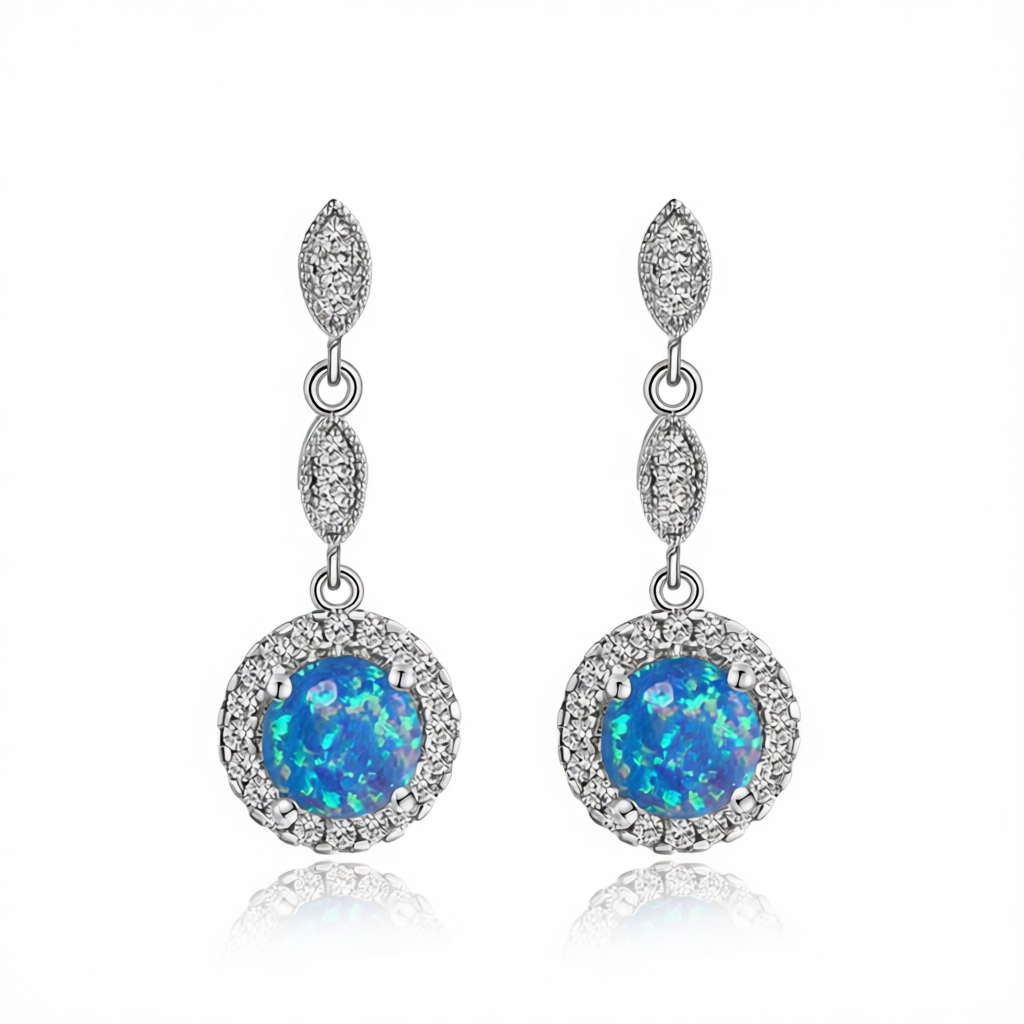 Blue Opal & Cubic Zirconia Silver-Plated Halo Drop Earrings