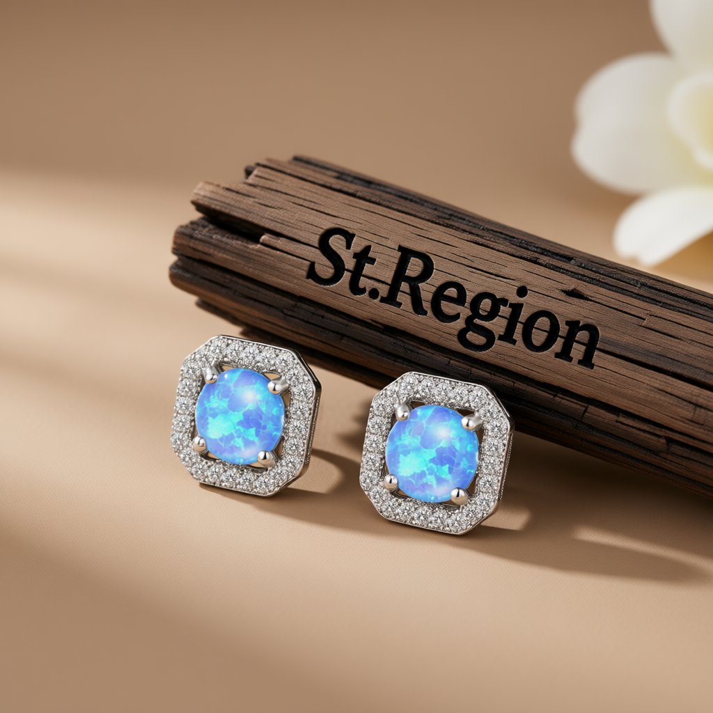 Blue Opal and Cubic Zirconia Round Cushion Stud Earrings, stud earrings for women, elegant gift for her, front view