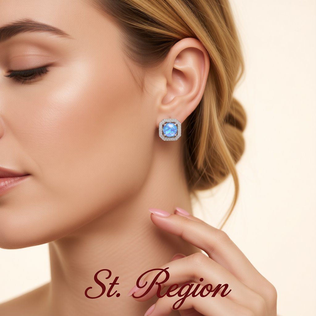 Blue Opal and Cubic Zirconia Round Cushion Stud Earrings, stud earrings for women, elegant gift for her, styled look