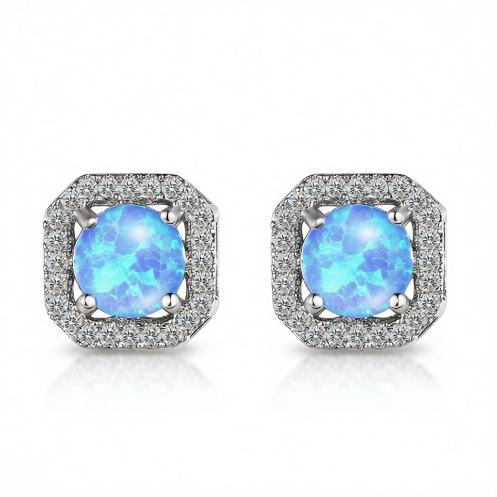 Blue Opal and Cubic Zirconia Round Cushion Stud Earrings, stud earrings for women, elegant gift for her, side view