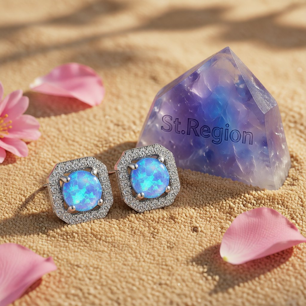 Blue Opal and Cubic Zirconia Round Cushion Stud Earrings, stud earrings for women, elegant gift for her, detail close-up