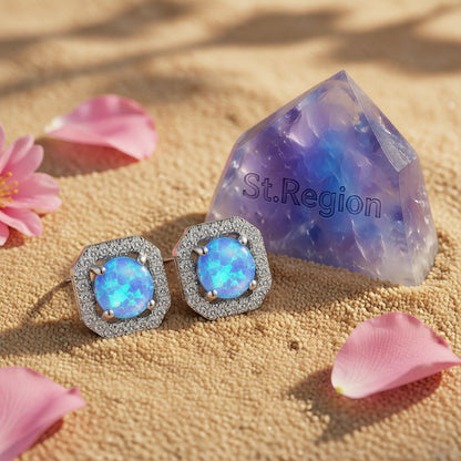 Blue Opal and Cubic Zirconia Round Cushion Stud Earrings, stud earrings for women, elegant gift for her, detail close-up