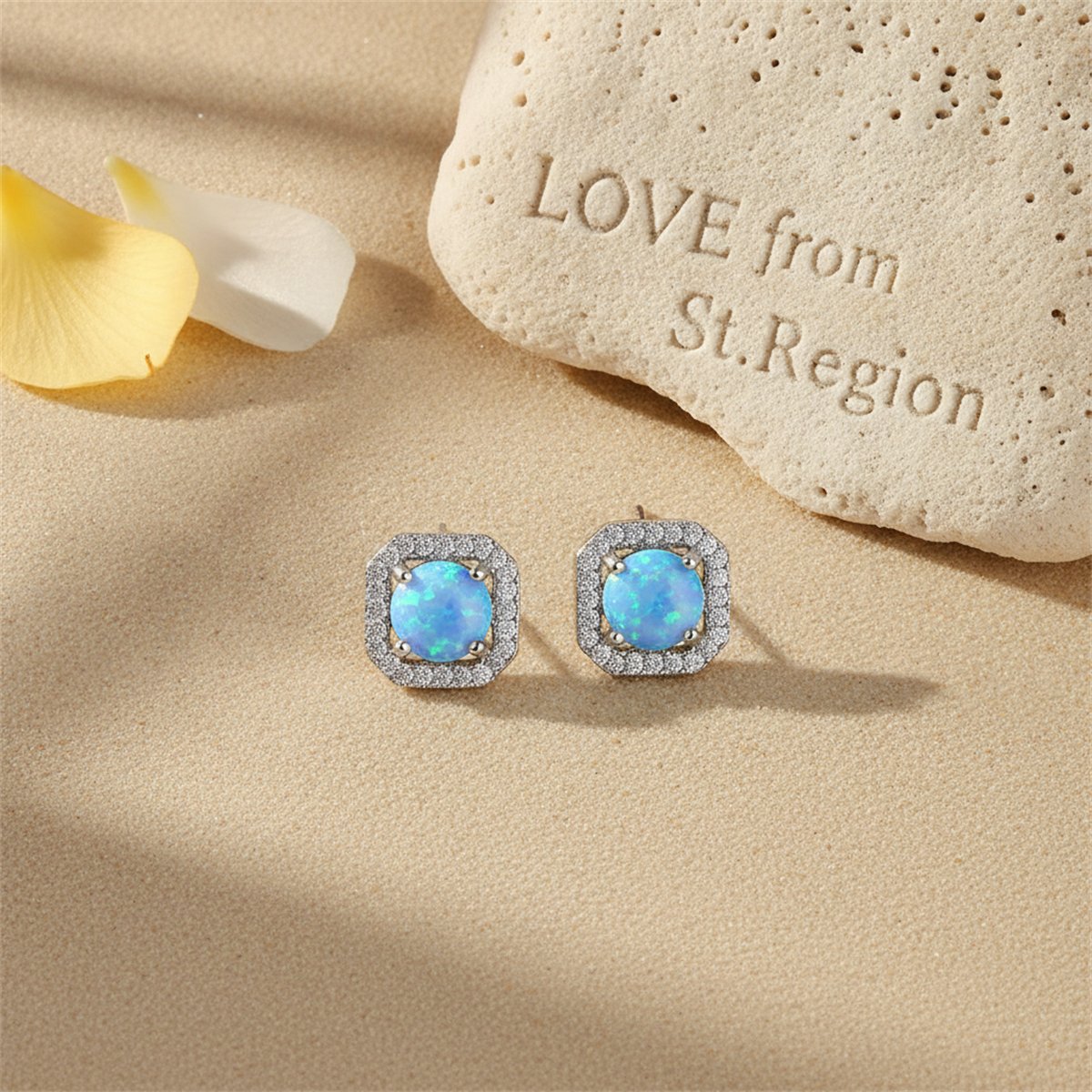 Blue Opal and Cubic Zirconia Round Cushion Stud Earrings, stud earrings for women, elegant gift for her, lifestyle look