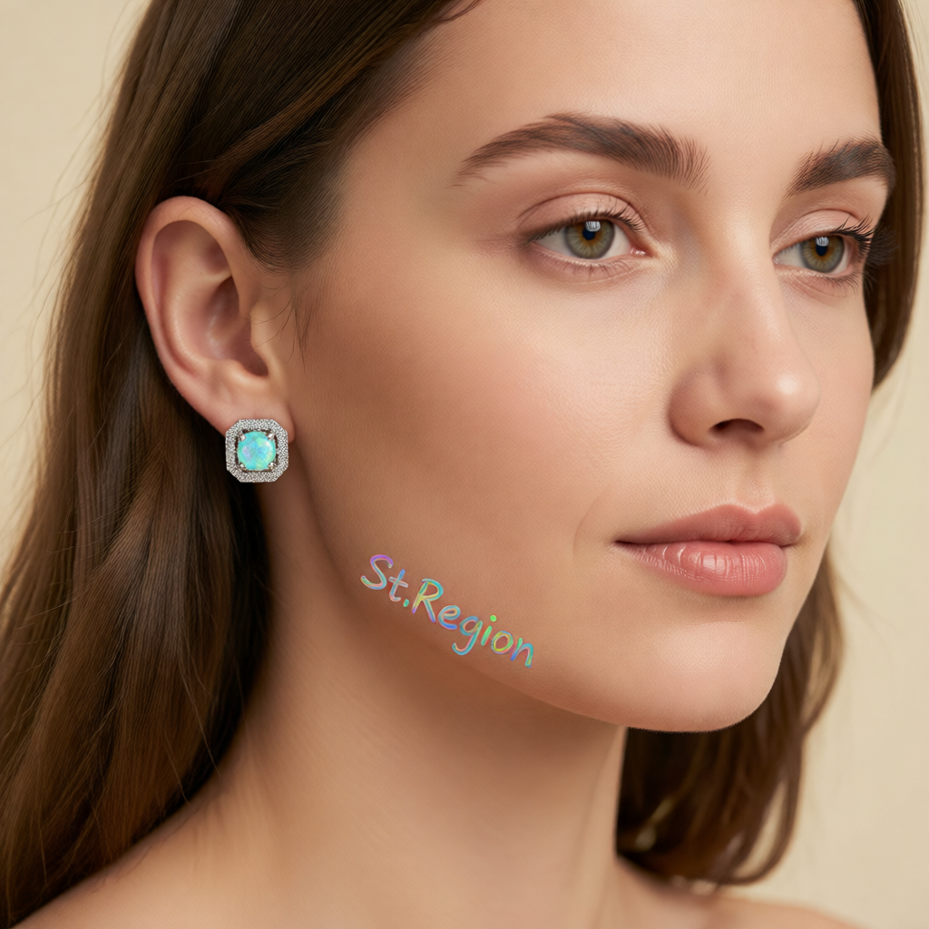 Green Opal & Cubic Zirconia Round Cushion Stud Earrings