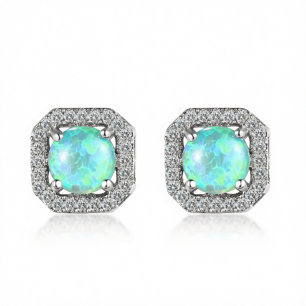 Green Opal & Cubic Zirconia Round Cushion Stud Earrings