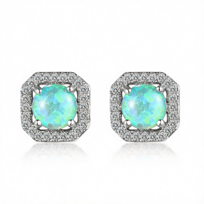 Green Opal & Cubic Zirconia Round Cushion Stud Earrings