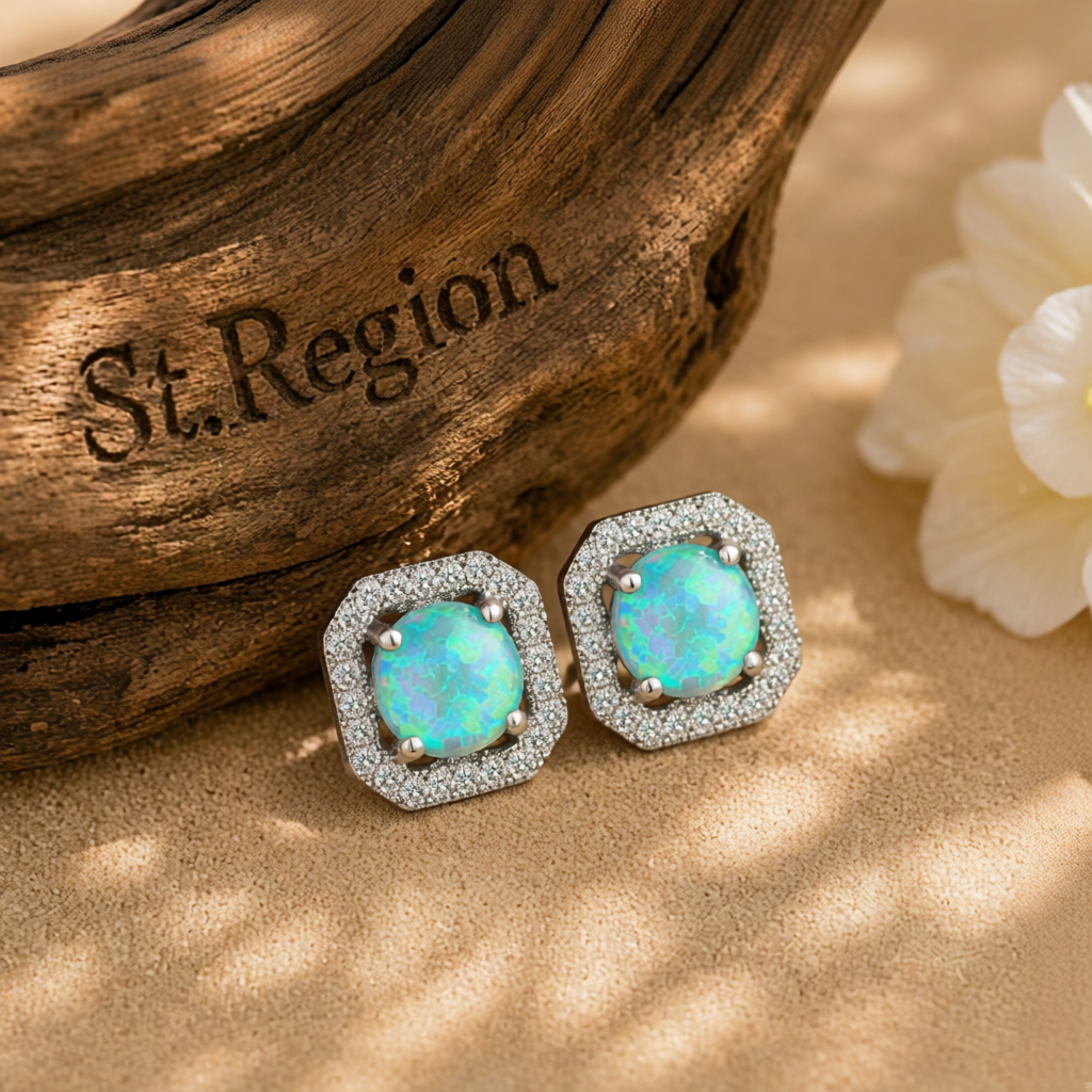Green Opal & Cubic Zirconia Round Cushion Stud Earrings