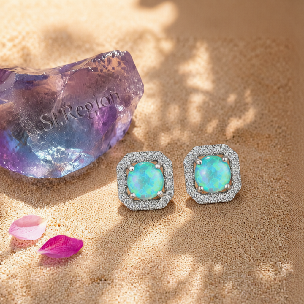 Green Opal & Cubic Zirconia Round Cushion Stud Earrings