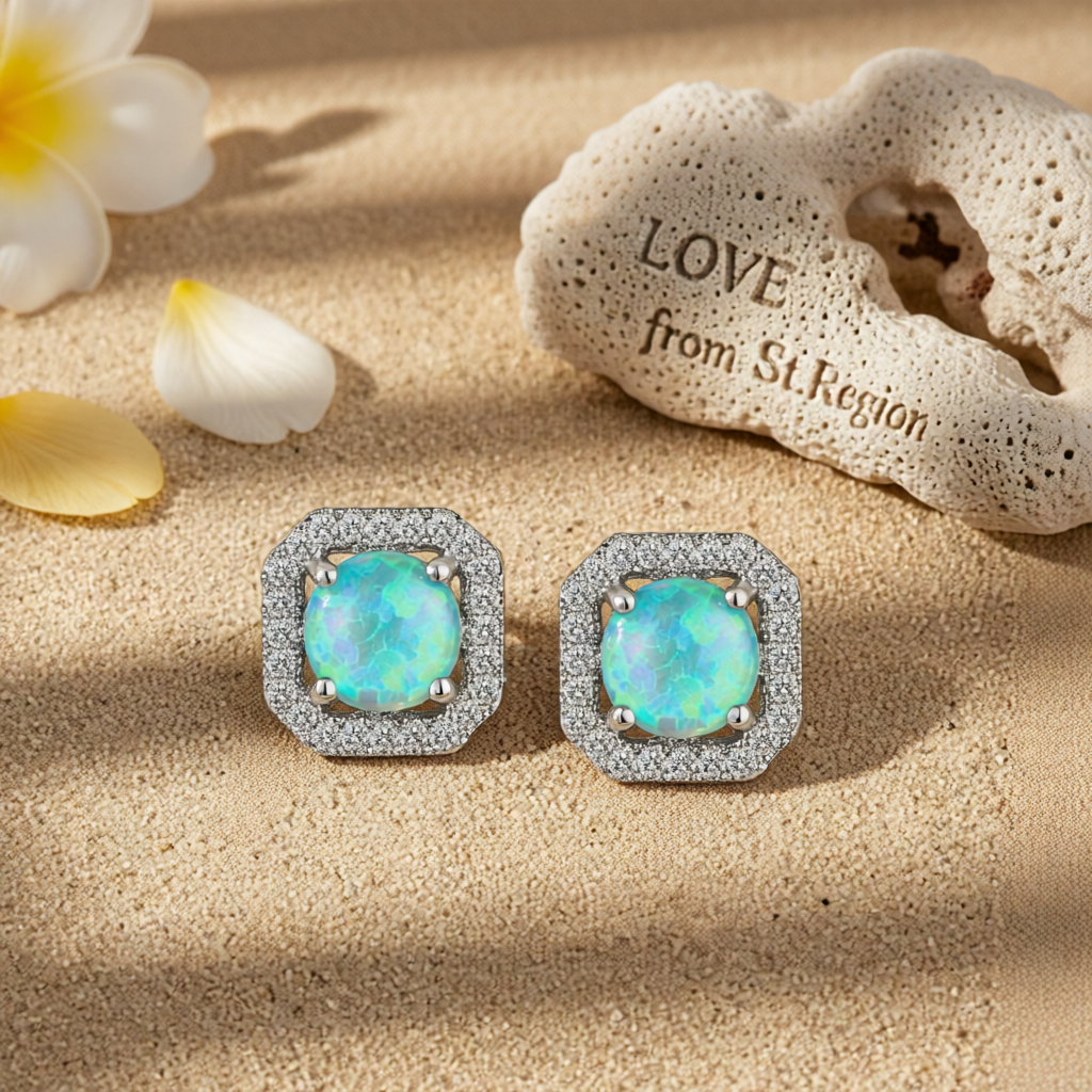 Green Opal & Cubic Zirconia Round Cushion Stud Earrings