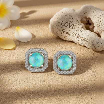 Green Opal & Cubic Zirconia Round Cushion Stud Earrings