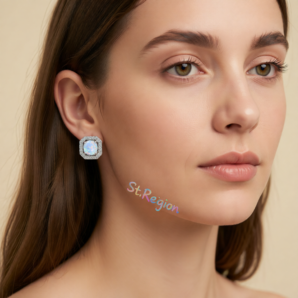 Opal & Cubic Zirconia Round Cushion Stud Earrings