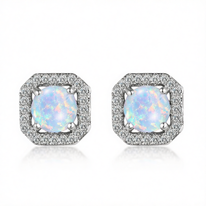 Opal & Cubic Zirconia Round Cushion Stud Earrings