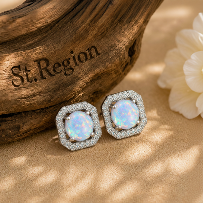 Opal & Cubic Zirconia Round Cushion Stud Earrings