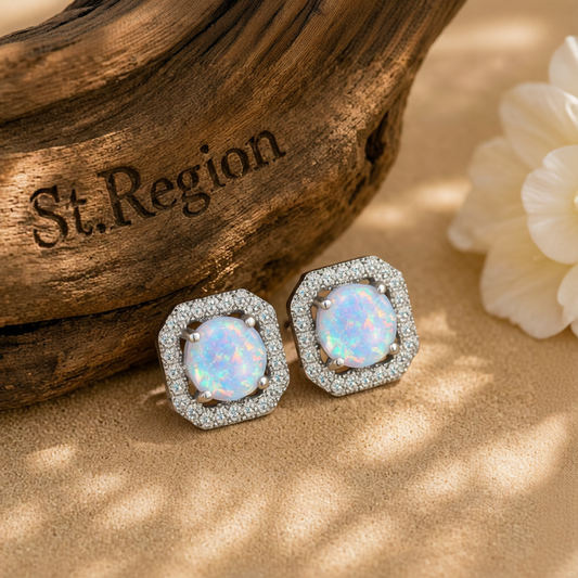 Opal & Cubic Zirconia Round Cushion Stud Earrings