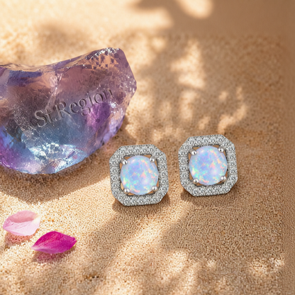 Opal & Cubic Zirconia Round Cushion Stud Earrings