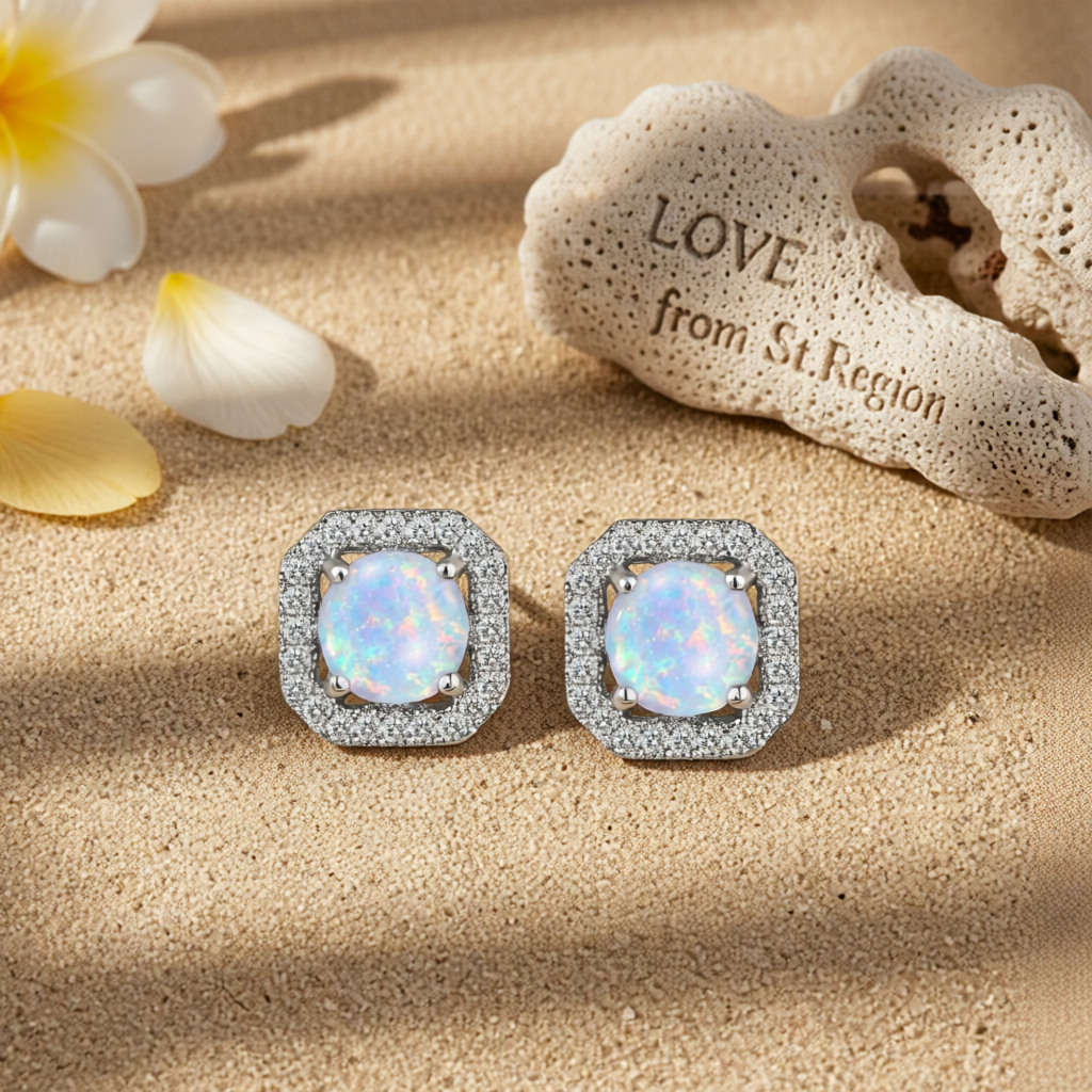 Opal & Cubic Zirconia Round Cushion Stud Earrings