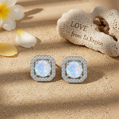 Opal & Cubic Zirconia Round Cushion Stud Earrings