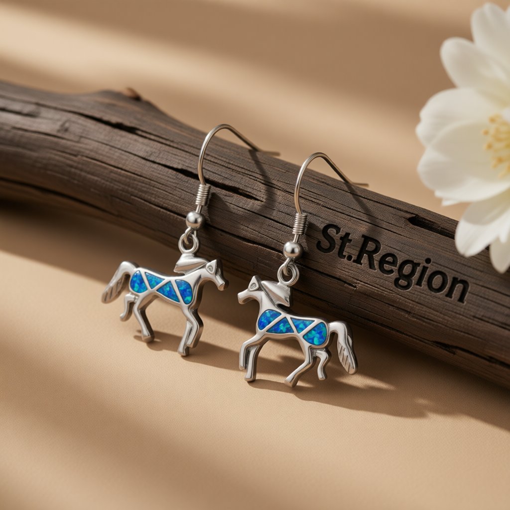 Blue Opal and Silver-Plated Horse Drop Earrings, silver drop earrings for women, vintage-inspired design, front view