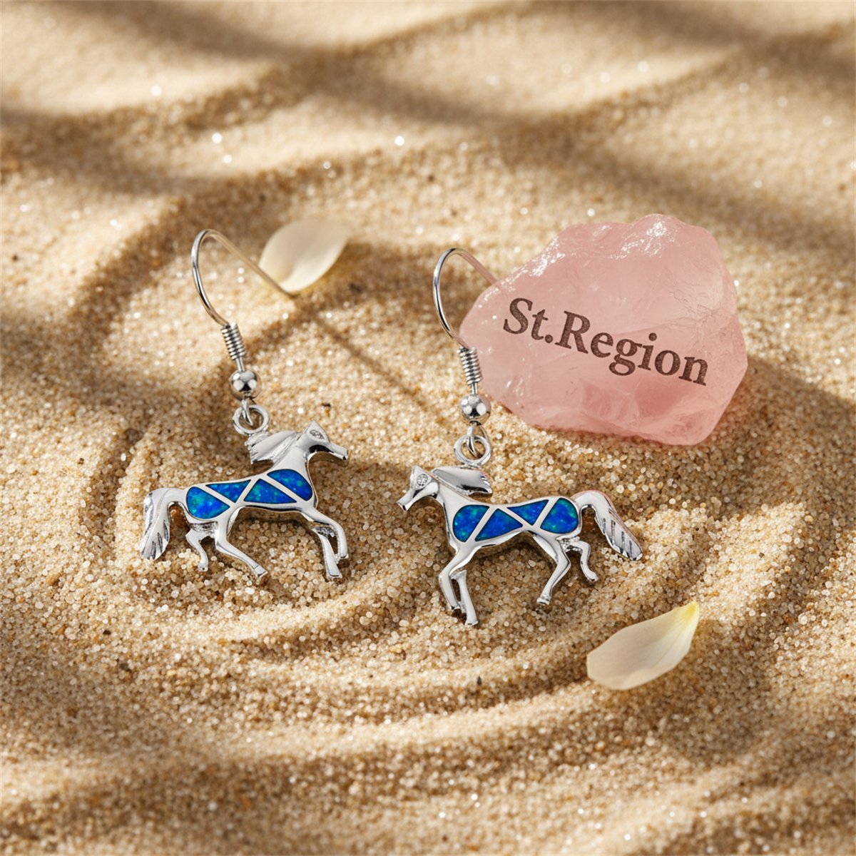 Blue Opal and Silver-Plated Horse Drop Earrings, silver drop earrings for women, vintage-inspired design, detail close-up