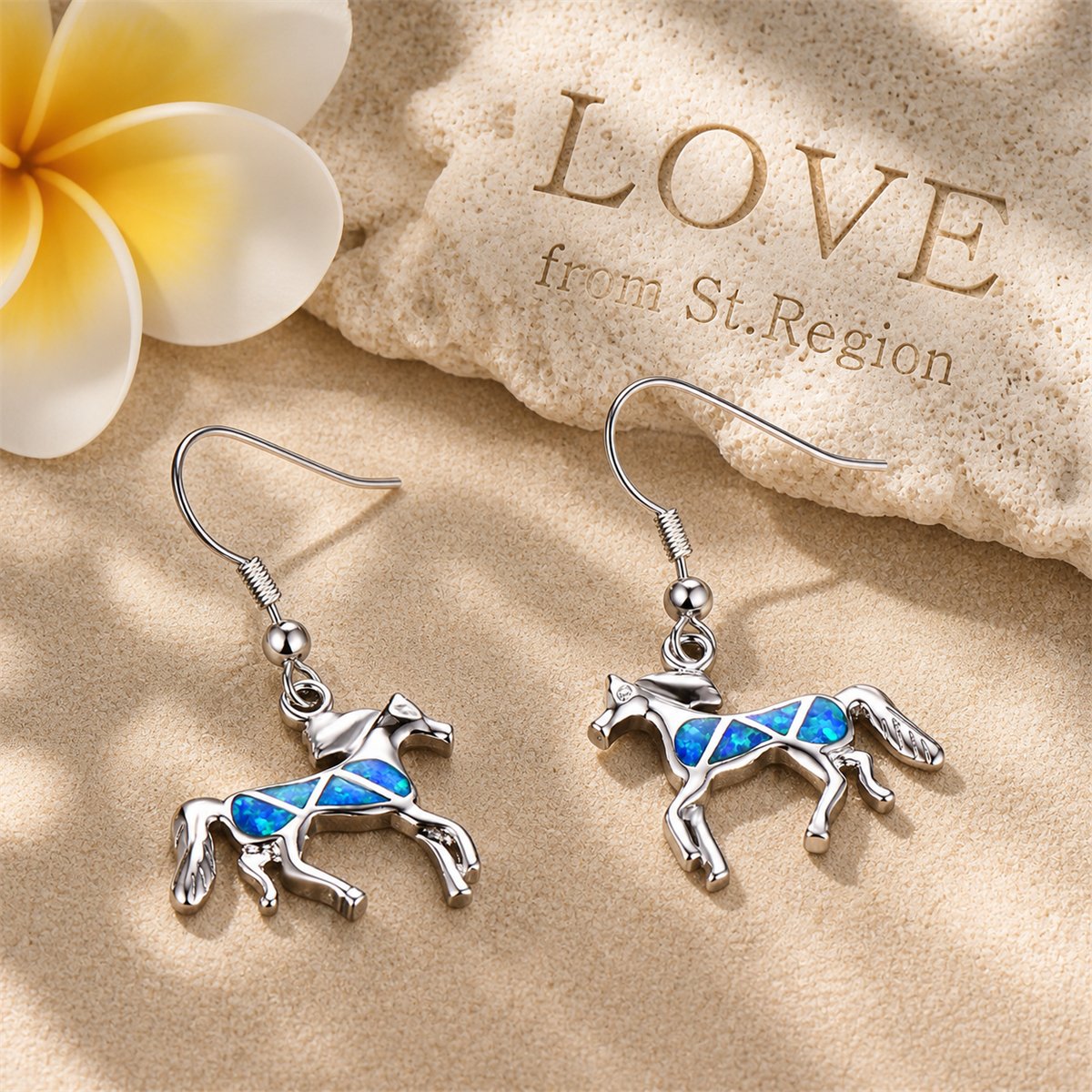 Blue Opal and Silver-Plated Horse Drop Earrings, silver drop earrings for women, vintage-inspired design, lifestyle look