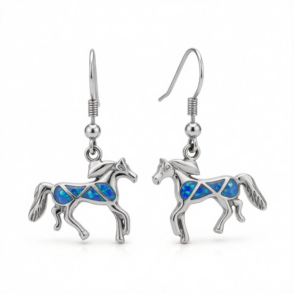 Blue Opal and Silver-Plated Horse Drop Earrings, silver drop earrings for women, vintage-inspired design, side view