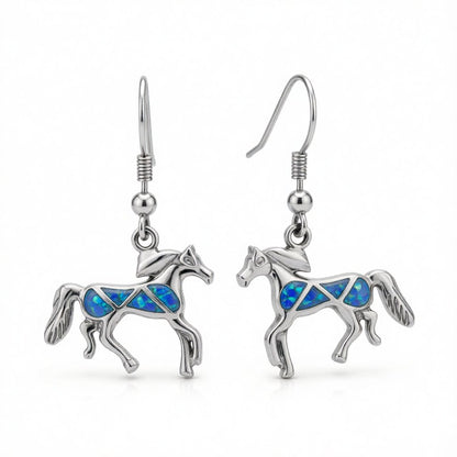 Blue Opal and Silver-Plated Horse Drop Earrings, silver drop earrings for women, vintage-inspired design, side view
