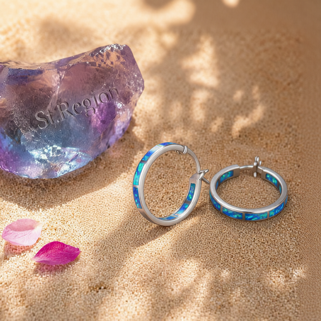 Blue Opal & Silver-Plated Block Channel Hoop Earrings