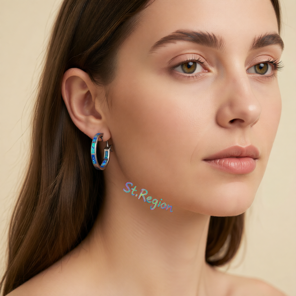 Blue Opal & Silver-Plated Block Channel Hoop Earrings