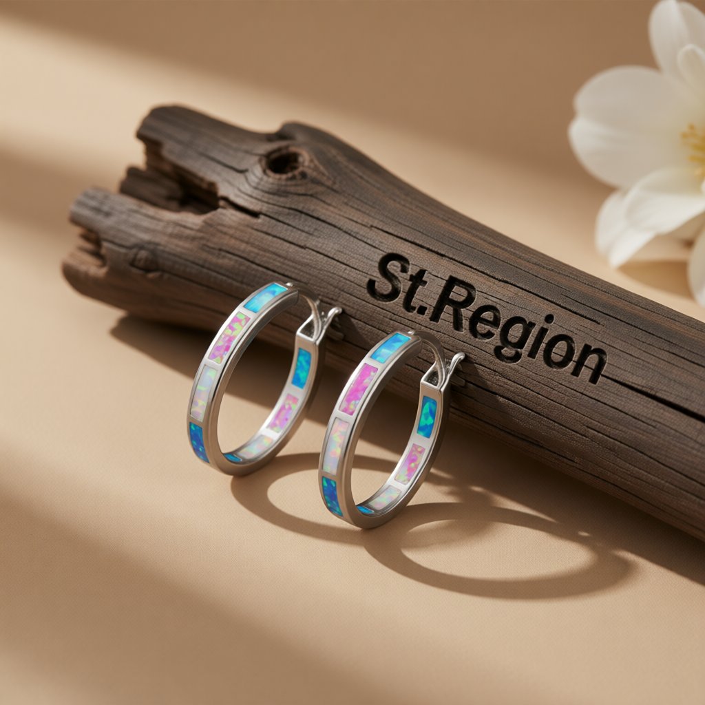 Blue Opal and Silver-Plated Color Block Channel Hoop Earrings, silver hoop earrings for women, front view