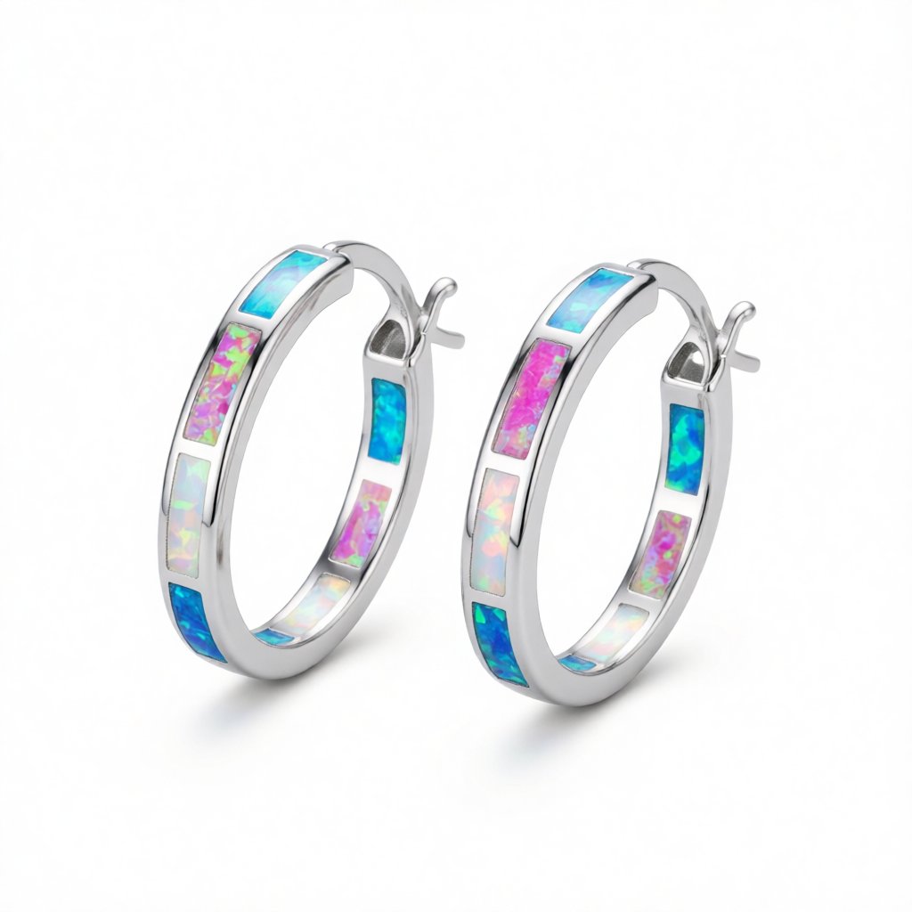 Blue Opal and Silver-Plated Color Block Channel Hoop Earrings, silver hoop earrings for women, side view