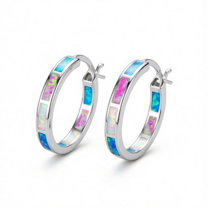 Blue Opal and Silver-Plated Color Block Channel Hoop Earrings, silver hoop earrings for women, side view