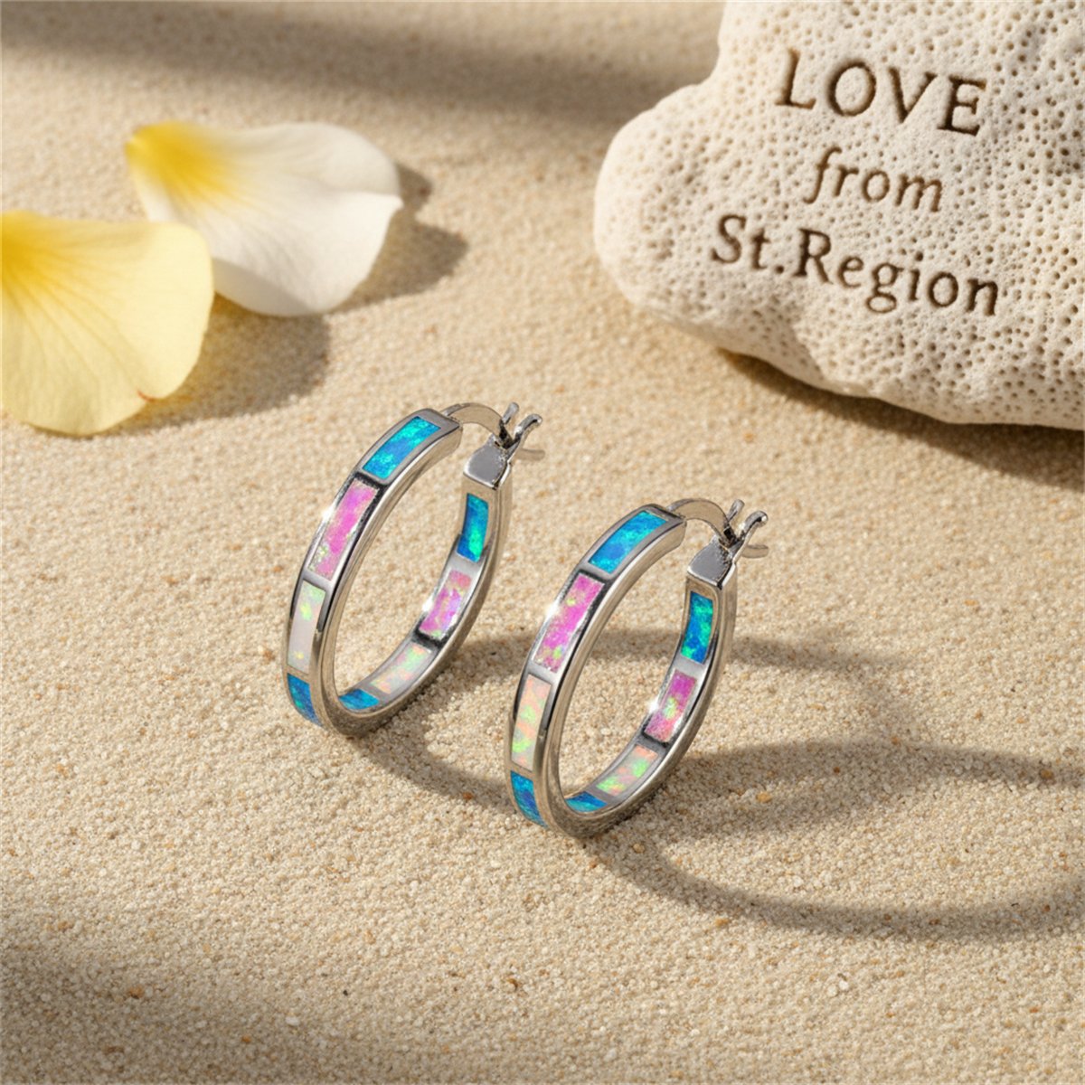 Blue Opal and Silver-Plated Color Block Channel Hoop Earrings, silver hoop earrings for women, lifestyle look