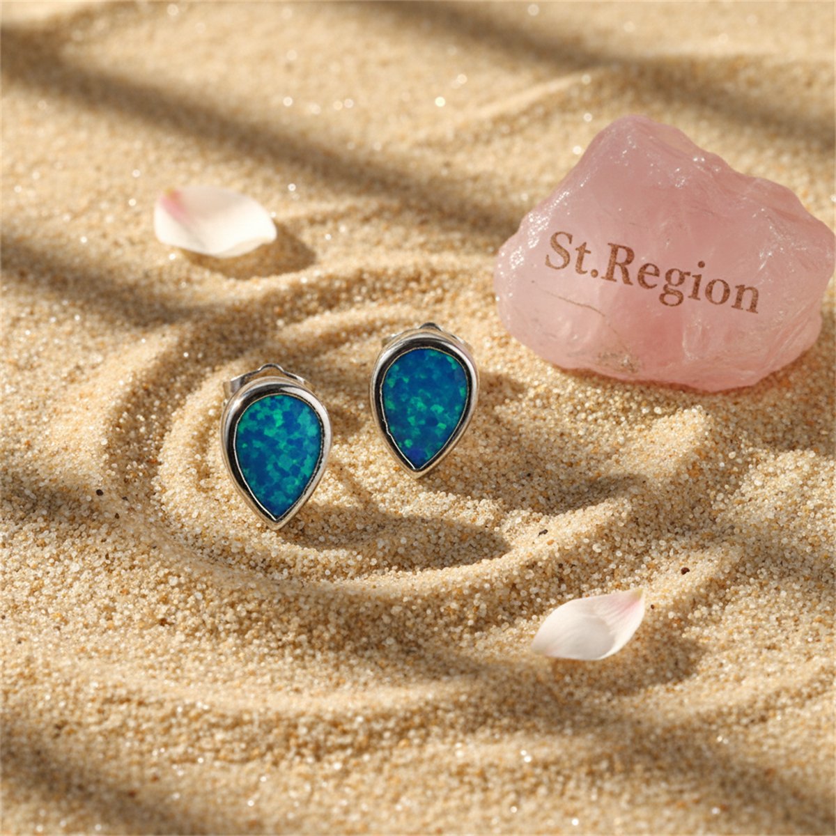 Blue Opal Bezel-Set Pear-Cut Stud Earrings, stud earrings for women, dainty minimalist design, detail close-up
