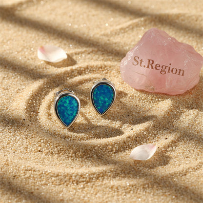 Blue Opal Bezel-Set Pear-Cut Stud Earrings, stud earrings for women, dainty minimalist design, detail close-up
