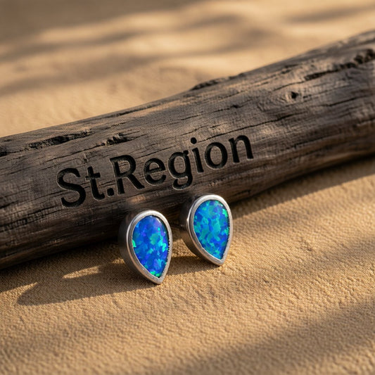 Blue Opal Bezel-Set Pear-Cut Stud Earrings, stud earrings for women, dainty minimalist design, front view