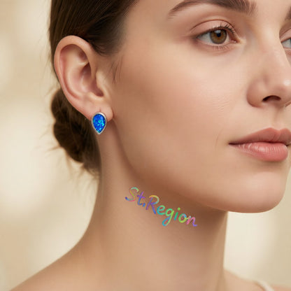 Blue Opal Bezel-Set Pear-Cut Stud Earrings, stud earrings for women, dainty minimalist design, styled look