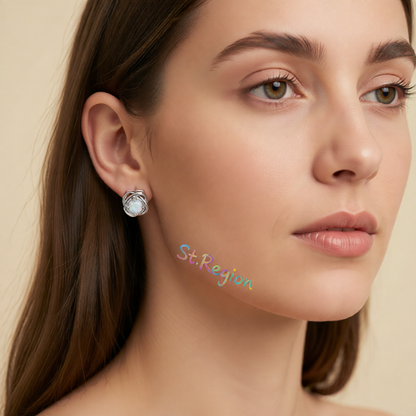 White Opal & Silver-Plated Round Wrapped Stud Earrings