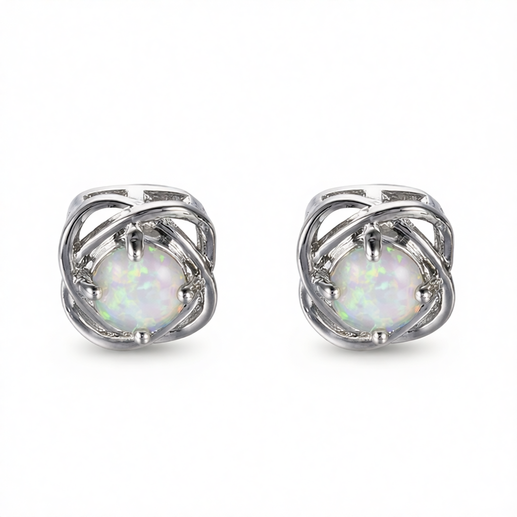 White Opal & Silver-Plated Round Wrapped Stud Earrings