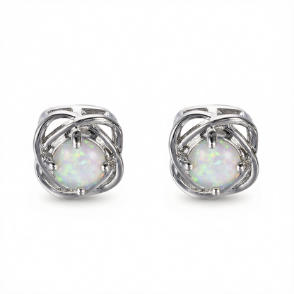White Opal & Silver-Plated Round Wrapped Stud Earrings