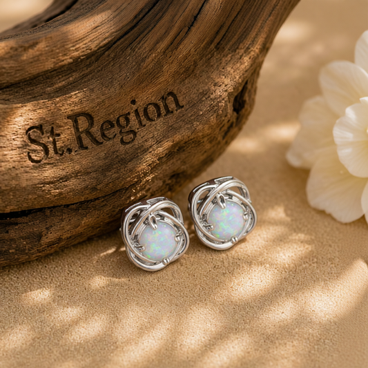 White Opal & Silver-Plated Round Wrapped Stud Earrings