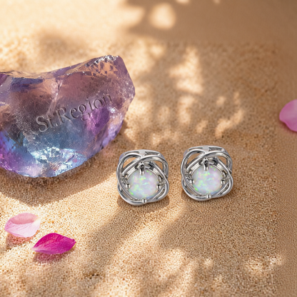 White Opal & Silver-Plated Round Wrapped Stud Earrings