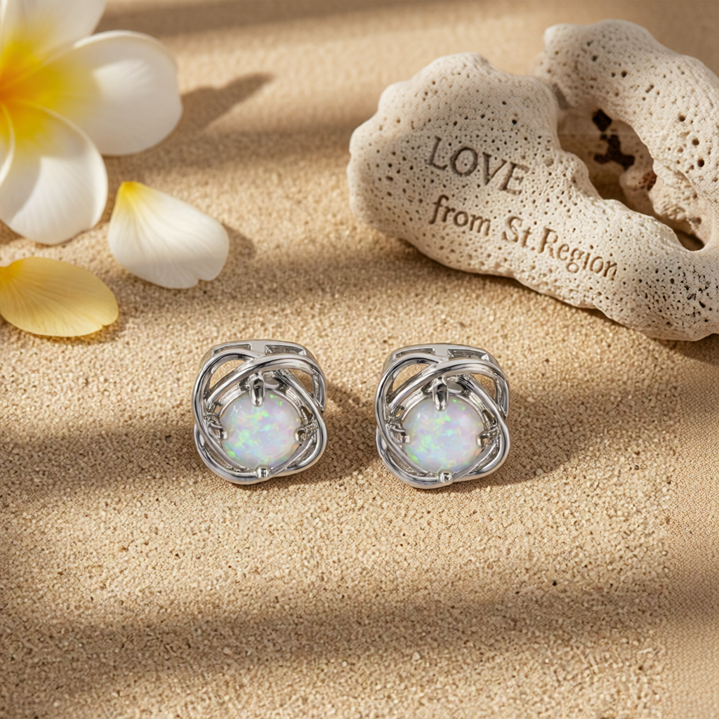 White Opal & Silver-Plated Round Wrapped Stud Earrings