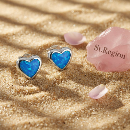 Blue Opal Bezel-Set Heart Stud Earrings, stud earrings for women, everyday style, detail close-up