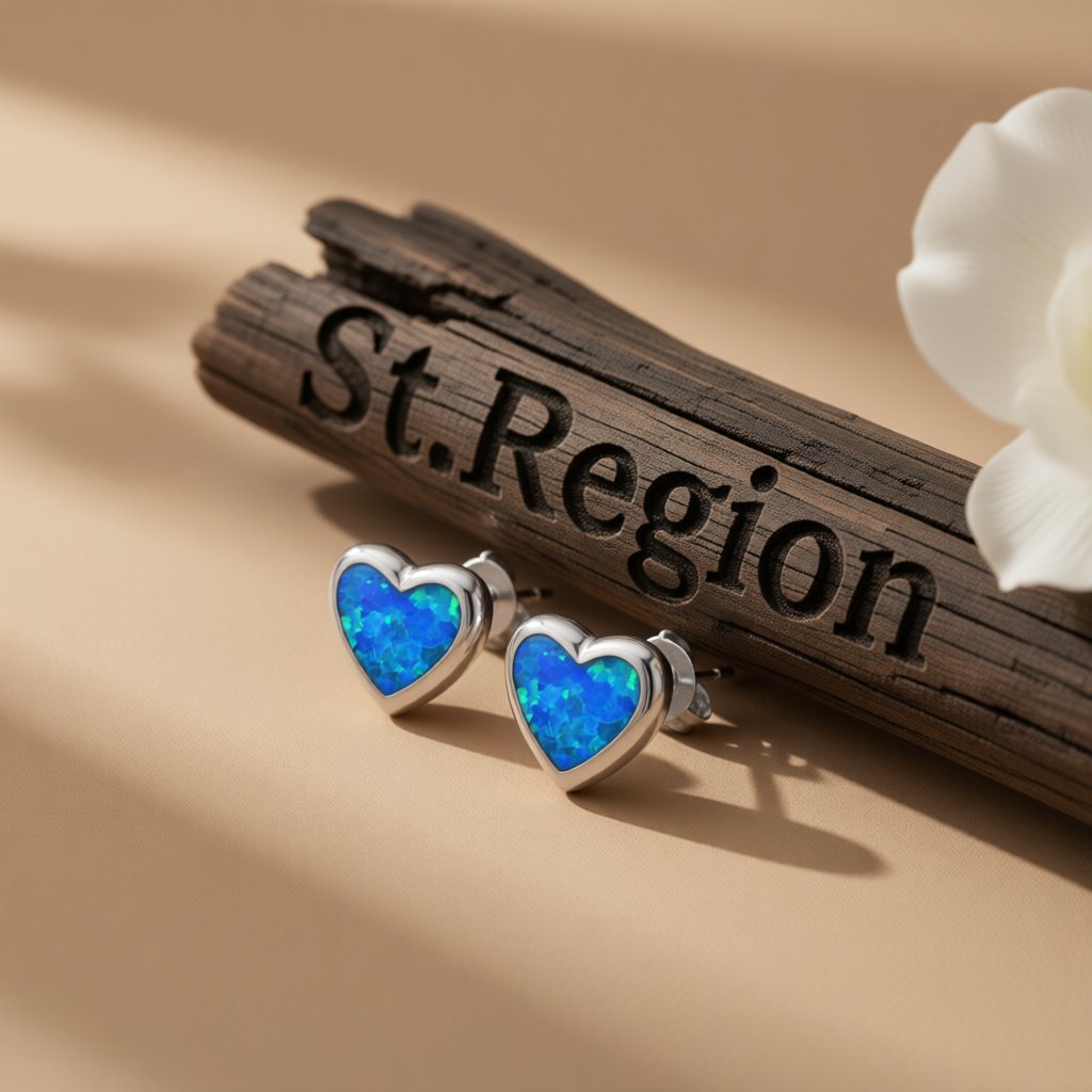 Blue Opal Bezel-Set Heart Stud Earrings, stud earrings for women, everyday style, front view