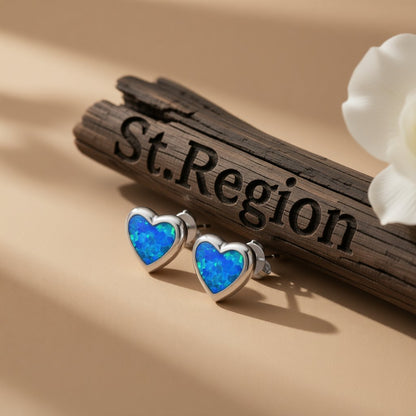 Blue Opal Bezel-Set Heart Stud Earrings, stud earrings for women, everyday style, front view