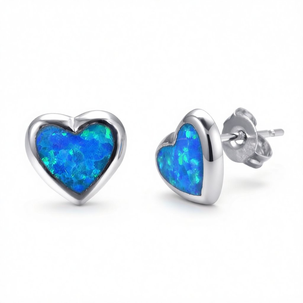 Blue Opal Bezel-Set Heart Stud Earrings, stud earrings for women, everyday style, side view