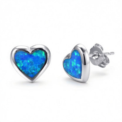 Blue Opal Bezel-Set Heart Stud Earrings, stud earrings for women, everyday style, side view