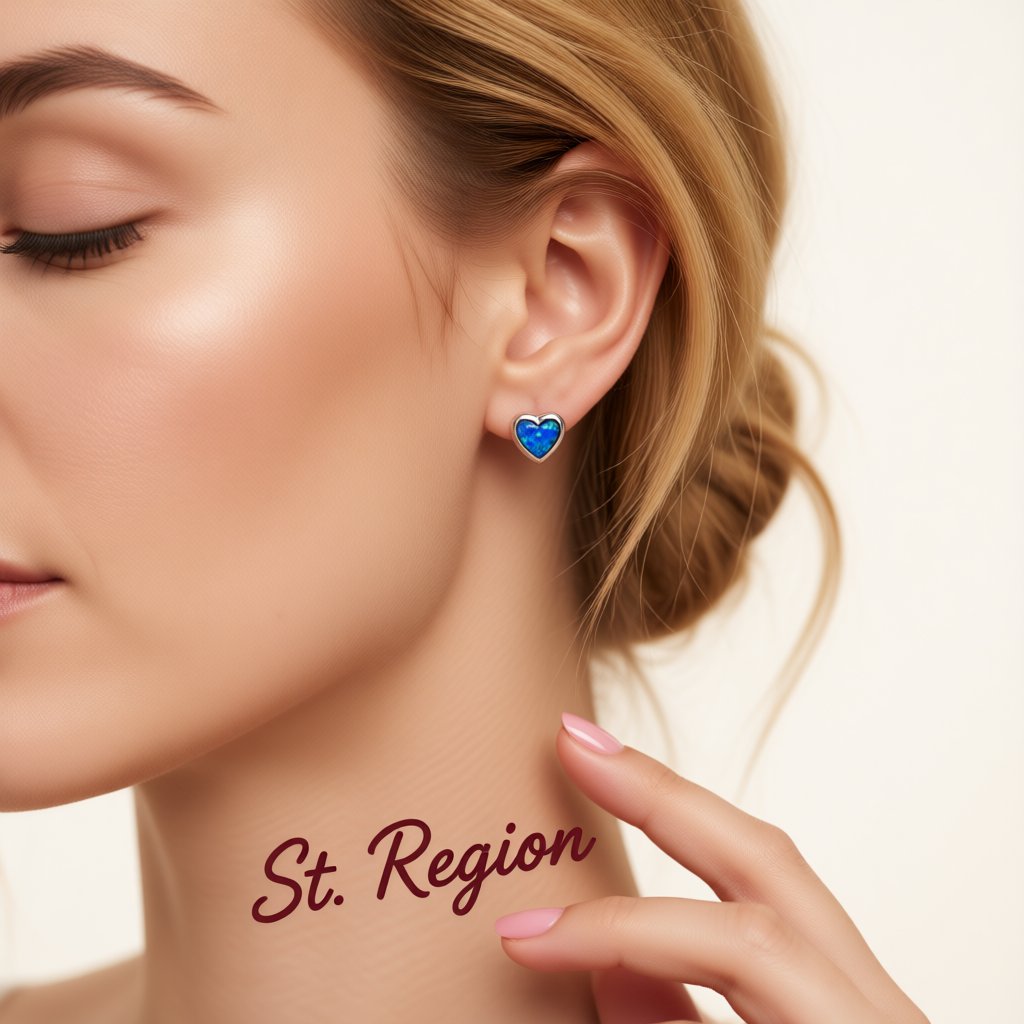 Blue Opal Bezel-Set Heart Stud Earrings, stud earrings for women, everyday style, styled look
