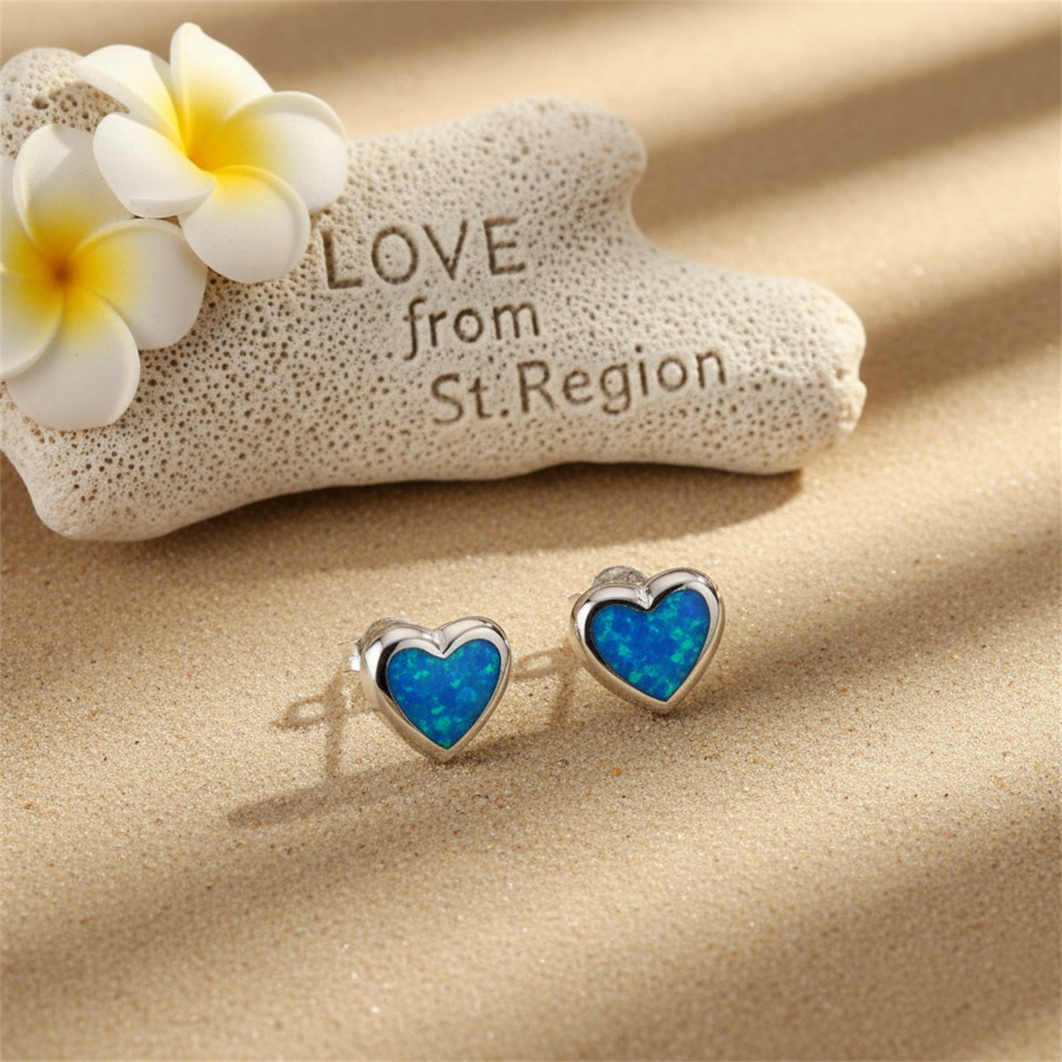 Blue Opal Bezel-Set Heart Stud Earrings, stud earrings for women, everyday style, lifestyle look